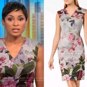 Calvin Klein Floral V-Neck Sleeveless Scuba Sheath Dress Sz 14 Gray